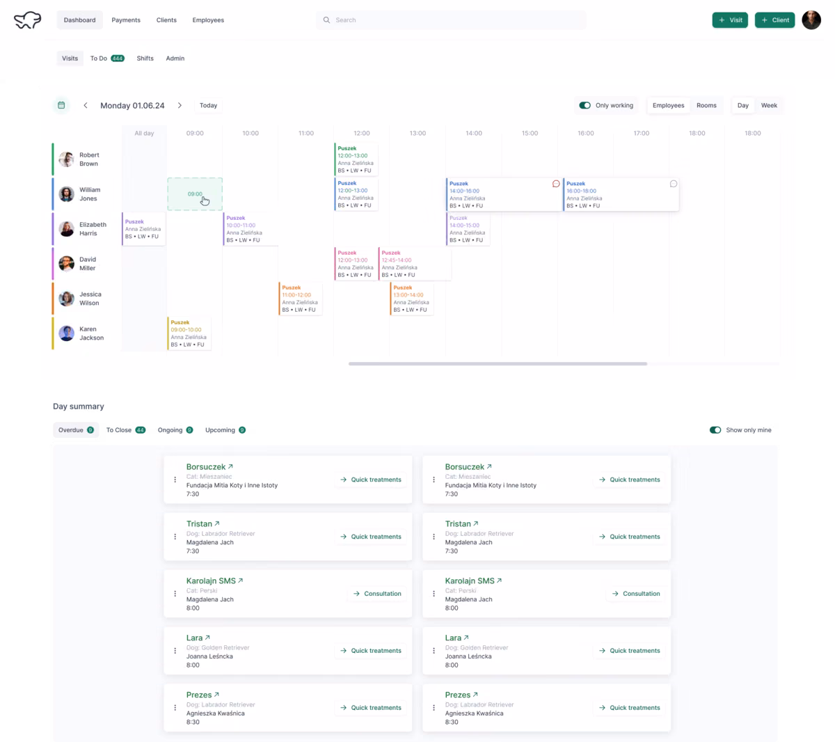 Fiolo calendar showing a week of rehabilitation appointments